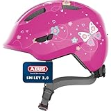 ABUS Kinderhelm Smiley 3.0 - Fahrradhelm mit tiefer Passform, kindergerechten Designs & Platz für einen Zopf - für Mädchen und Jungs - Pink mit Schmetterlings-Muster, Größe M